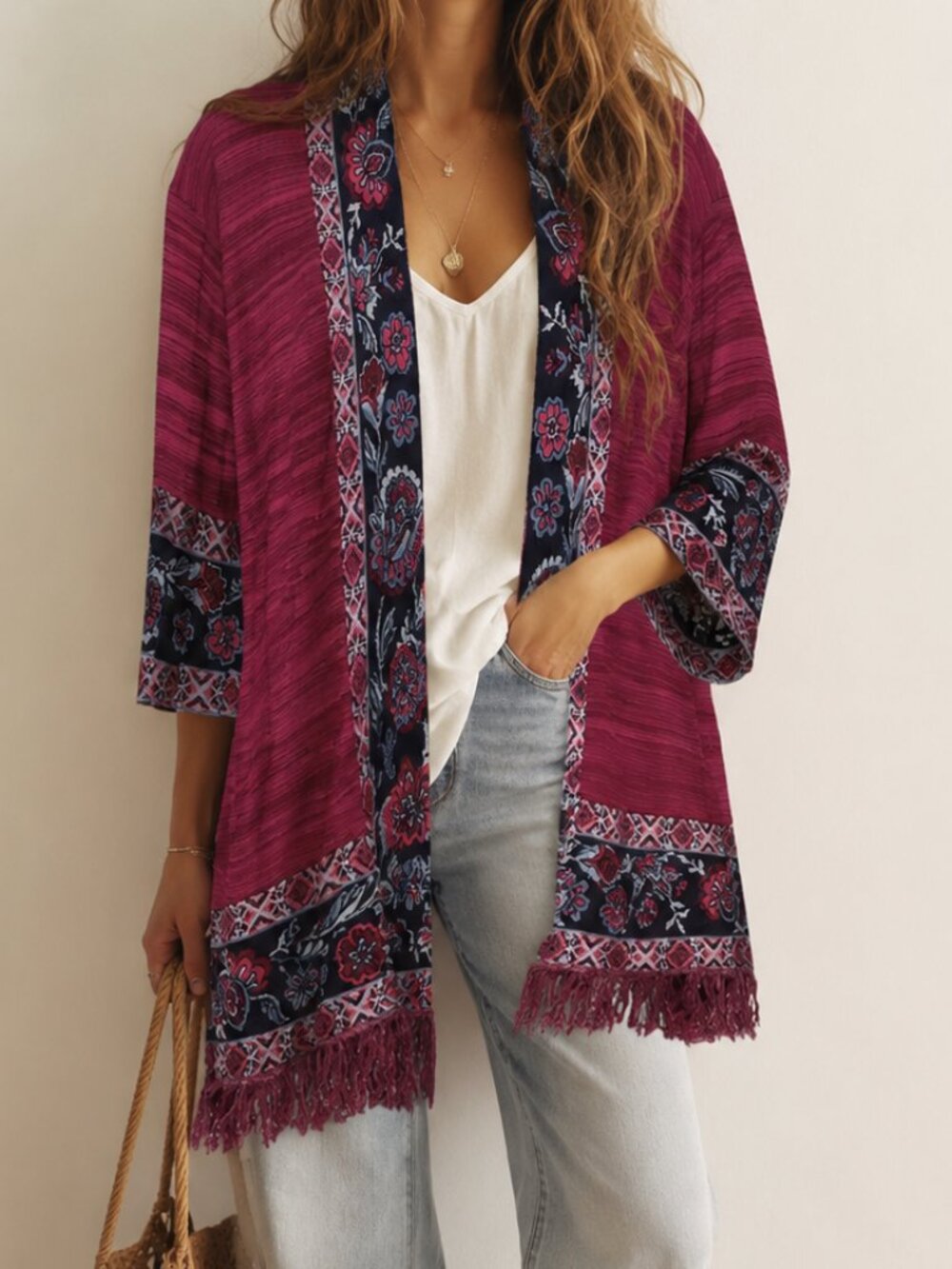 Ruby Rd. Women's Aztec Longline Cardigan Size S Dark Fuchsia Fringe Open Mature